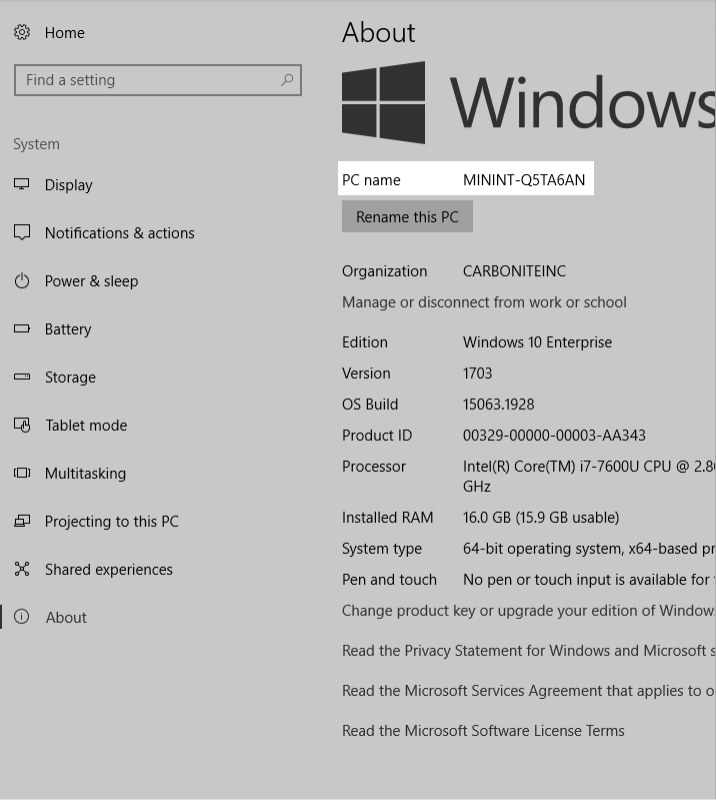 Computer name in Windows 10